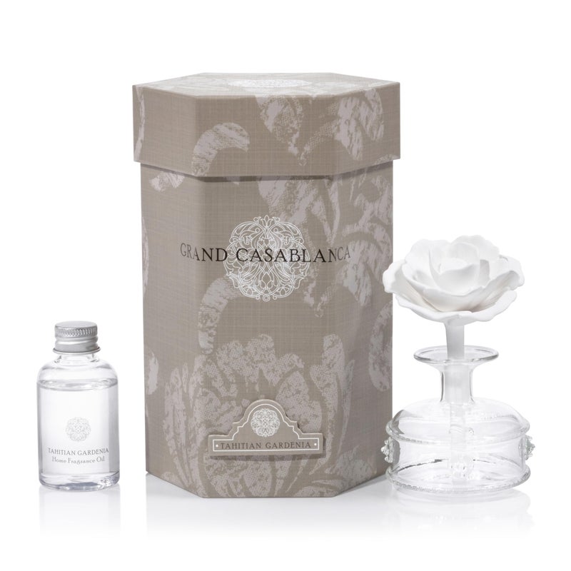 Zodax Grand Casablanca Porcelain Oil Diffuser - Home Fragrance Oil Diffuser Ideal for Living Room, Bathroom, Office - Flower Design - Gift Box Packaging Included - Tahitian Gardenia - 1.69 Oz. - Image 1
